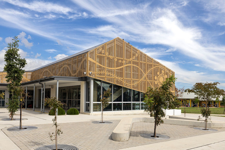 Our school library with aboriginal artwork featured within the steel panels surrounding it. There are six trees in front.