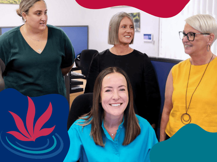 Four office staff. One lady is seated with three others standing behind her. There is a number of graphic shapes in the image with the JPPS log positioned at the bottom left.